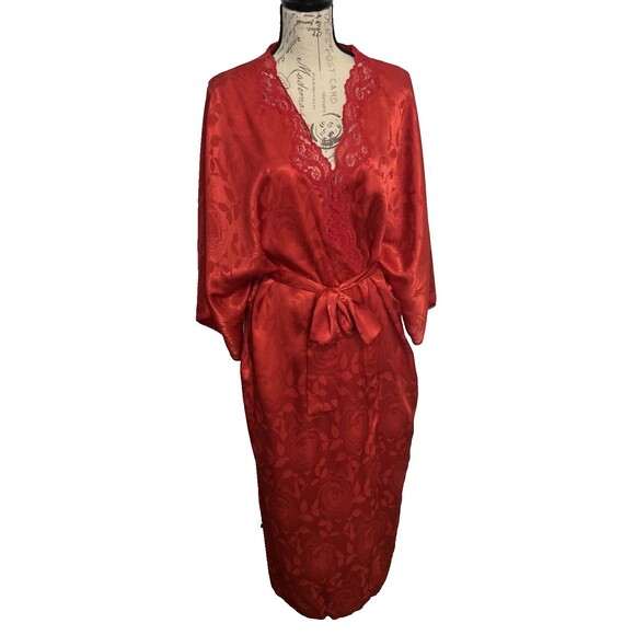 Vintage 90s Linda Bis Red Robe Lace Trim Rose Embossed One Size w/ Pockets - Picture 1 of 8